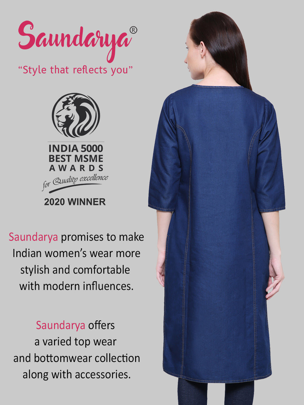 Saundarya Women's Embroidered Denim Straight Kurta