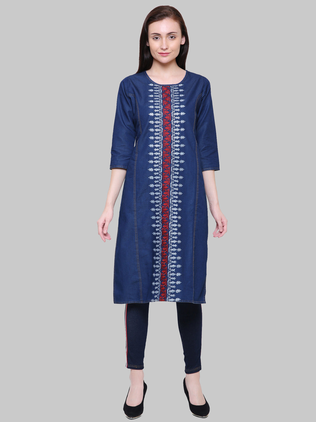 Saundarya Women's Embroidered Denim Straight Kurta