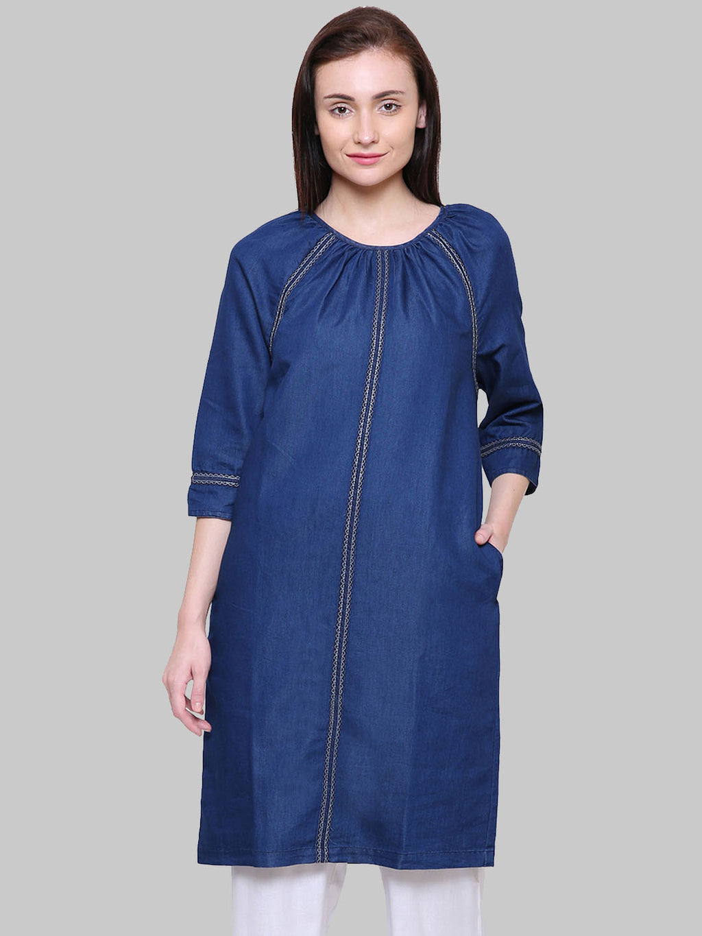 Saundarya Women's Gathered Neck Denim A-Line Kurta