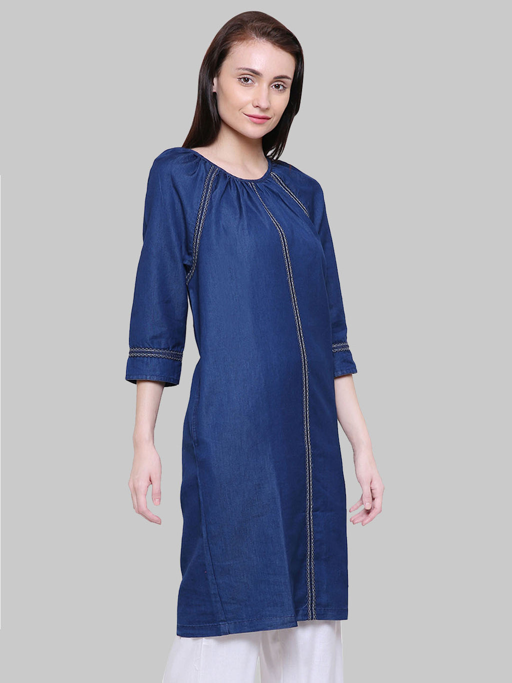 Saundarya Women's Gathered Neck Denim A-Line Kurta