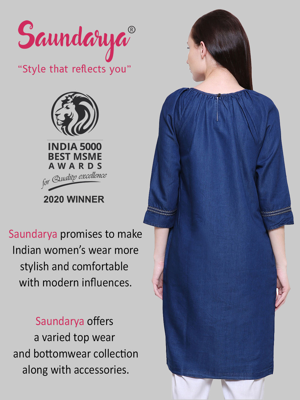 Saundarya Women's Gathered Neck Denim A-Line Kurta