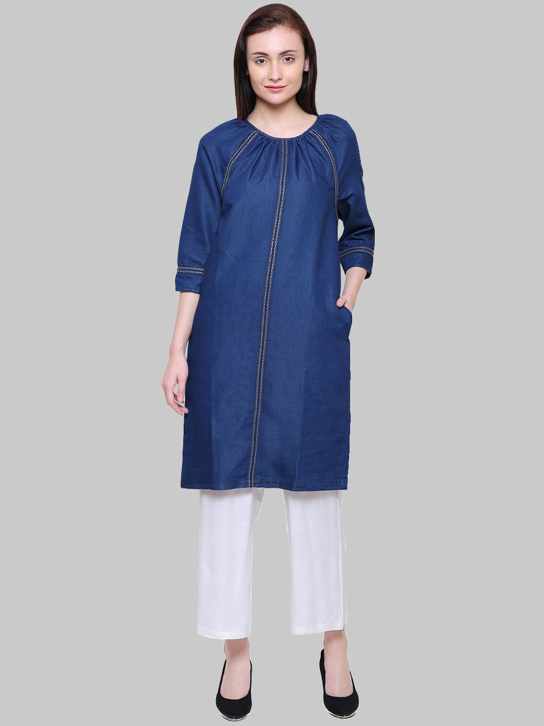 Saundarya Women's Gathered Neck Denim A-Line Kurta