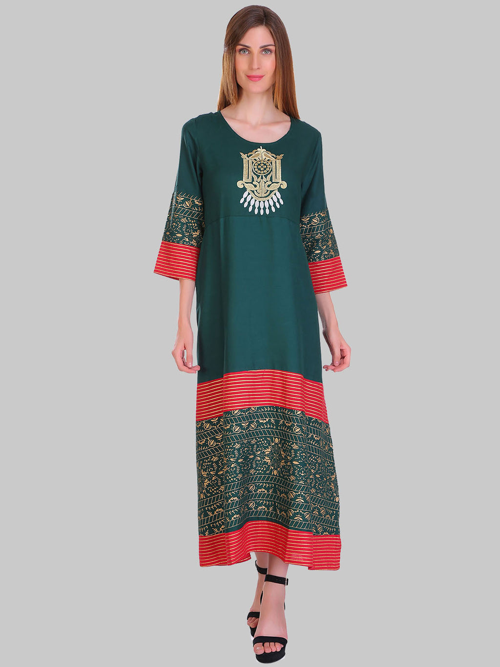 Saundarya Women's Dark Green Rayon Flared Kurta