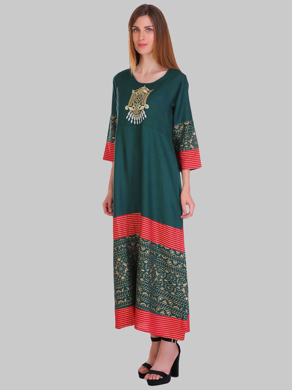 Saundarya Women's Dark Green Rayon Flared Kurta