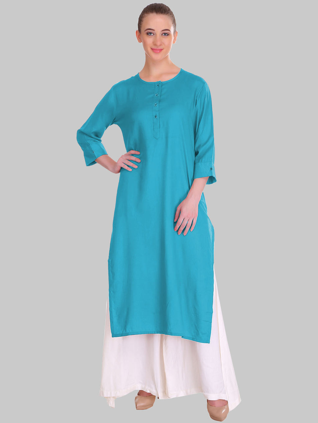 Saundarya Women's Rama Green Plain Rayon Straight Kurta