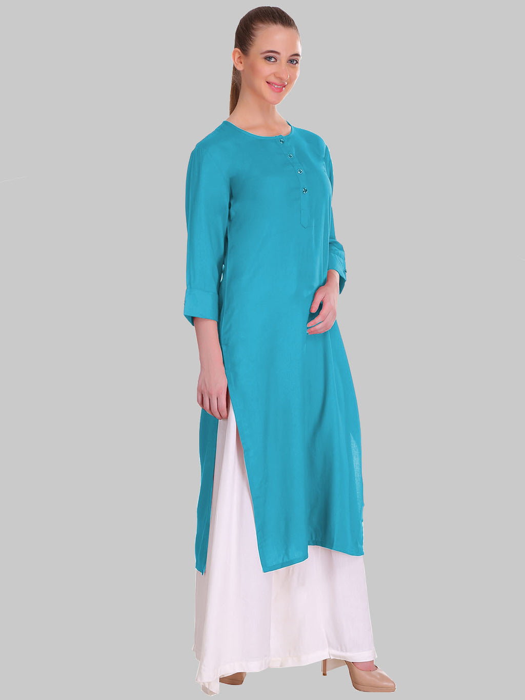 Saundarya Women's Rama Green Plain Rayon Straight Kurta