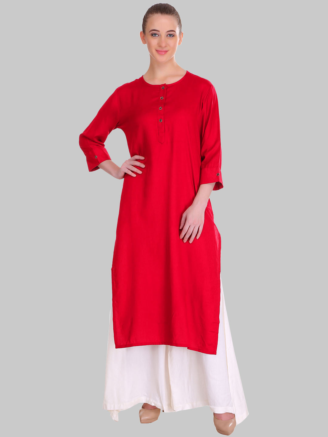 Saundarya Women's Red Plain Rayon Straight Kurta