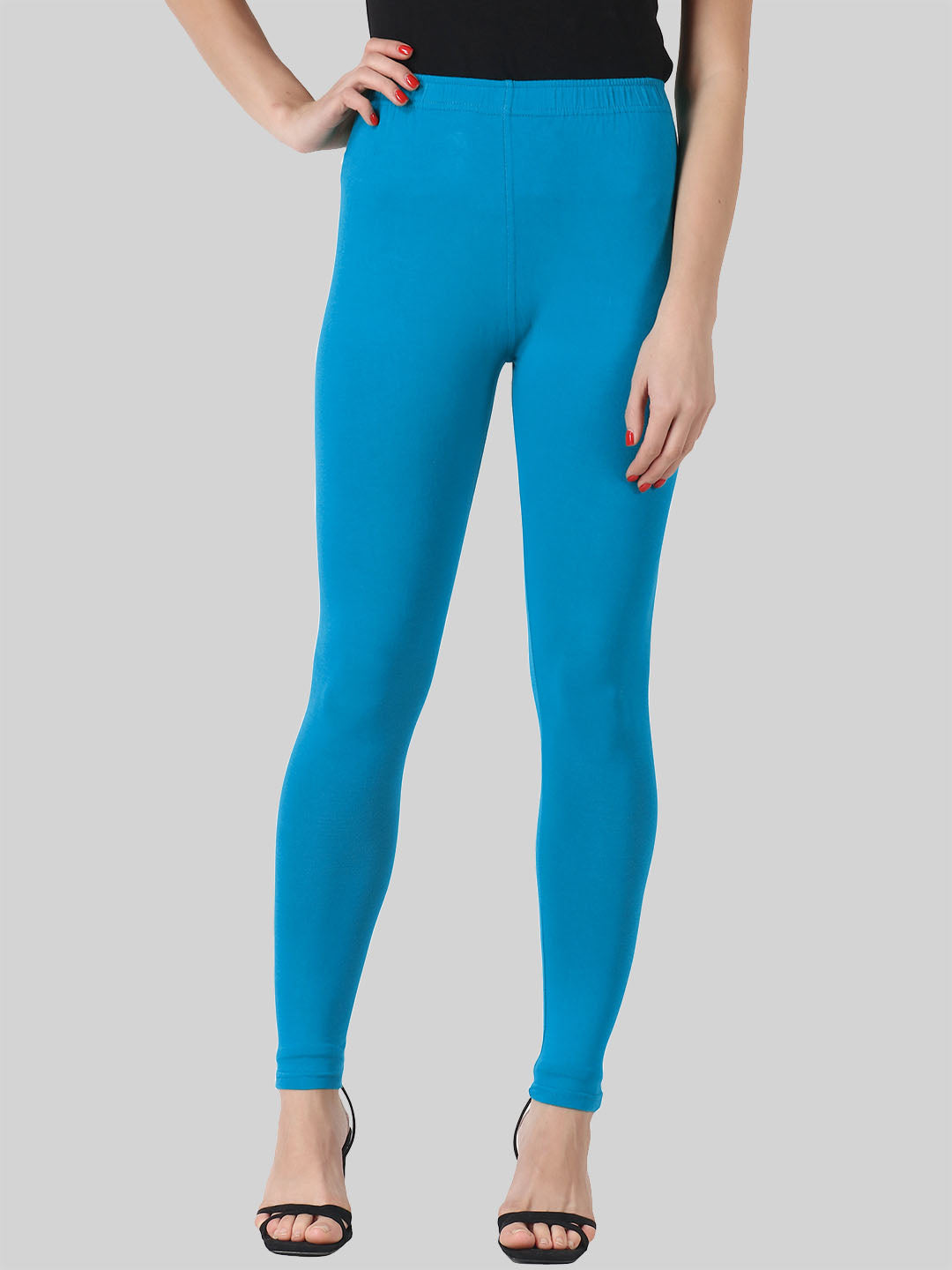 Saundarya Women’s Slim Fit Ankle Length Super Combed Cotton Rich Lycra Fabric Tailored Cut Stretchable Solid Plain Color Leggings; Azure Blue