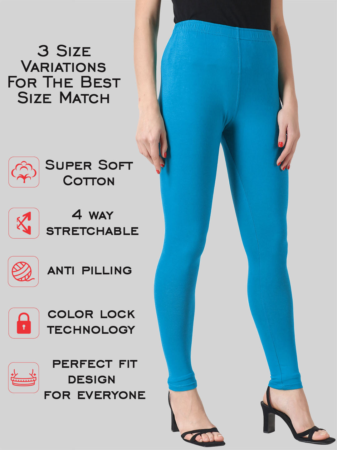 Saundarya Women’s Slim Fit Ankle Length Super Combed Cotton Rich Lycra Fabric Tailored Cut Stretchable Solid Plain Color Leggings; Azure Blue