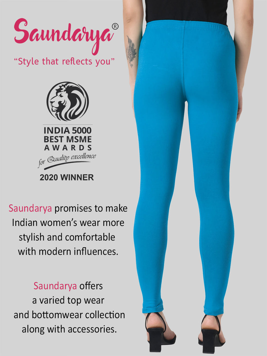 Saundarya Women’s Slim Fit Ankle Length Super Combed Cotton Rich Lycra Fabric Tailored Cut Stretchable Solid Plain Color Leggings; Azure Blue
