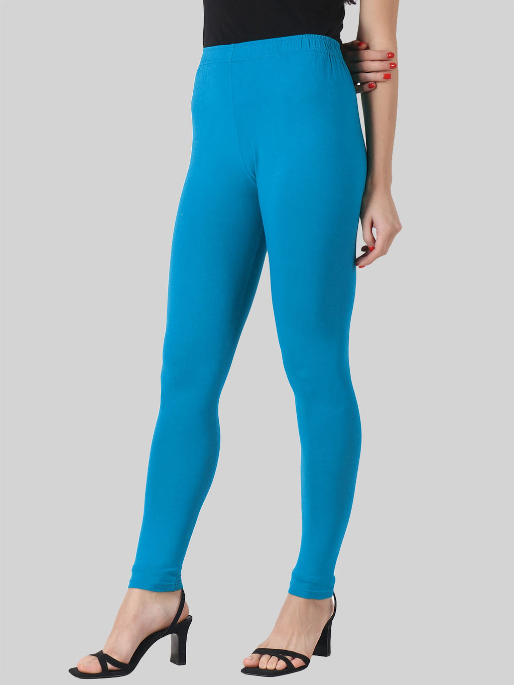 Saundarya Women’s Slim Fit Ankle Length Super Combed Cotton Rich Lycra Fabric Tailored Cut Stretchable Solid Plain Color Leggings; Azure Blue