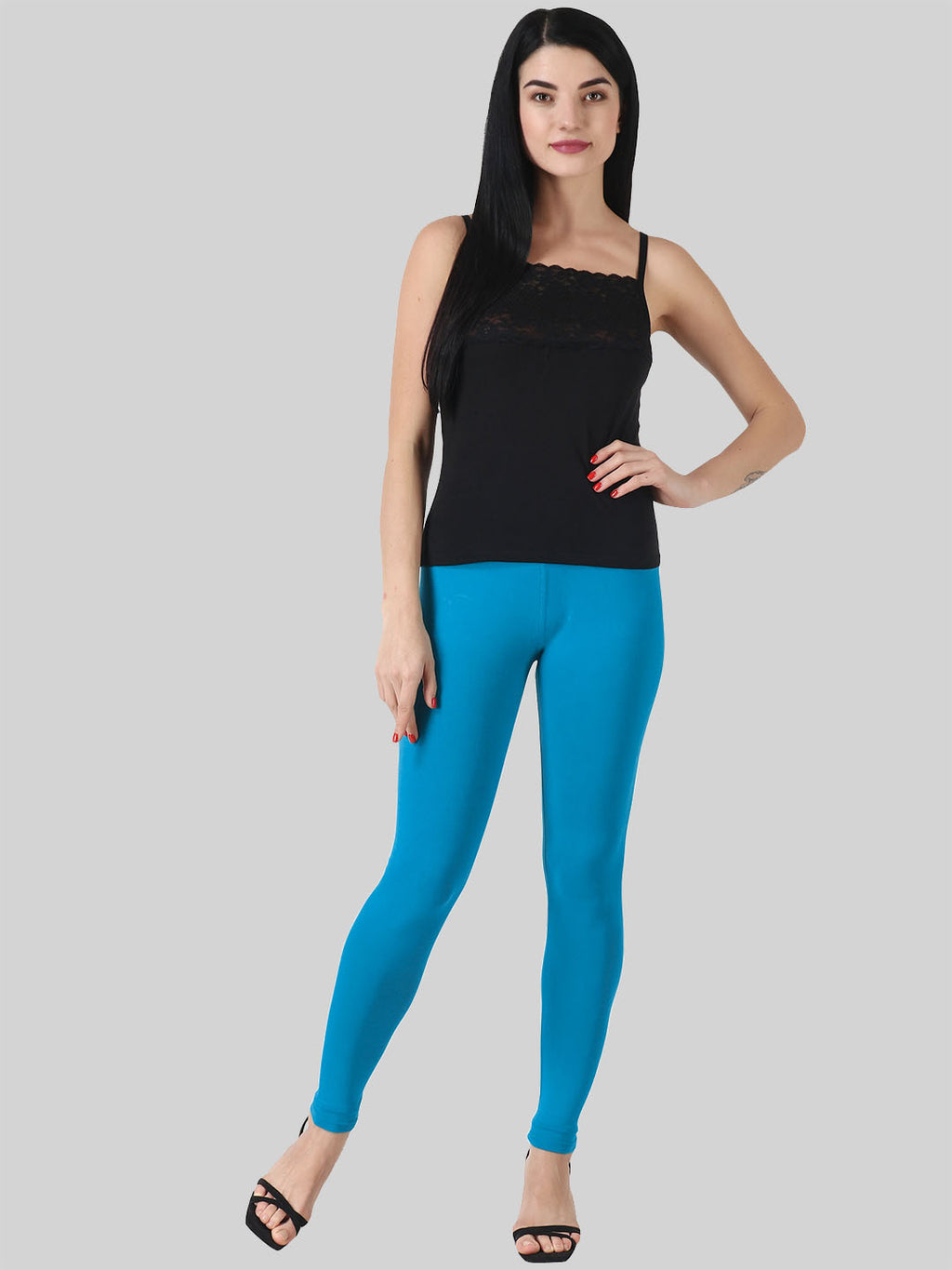 Saundarya Women’s Slim Fit Ankle Length Super Combed Cotton Rich Lycra Fabric Tailored Cut Stretchable Solid Plain Color Leggings; Azure Blue
