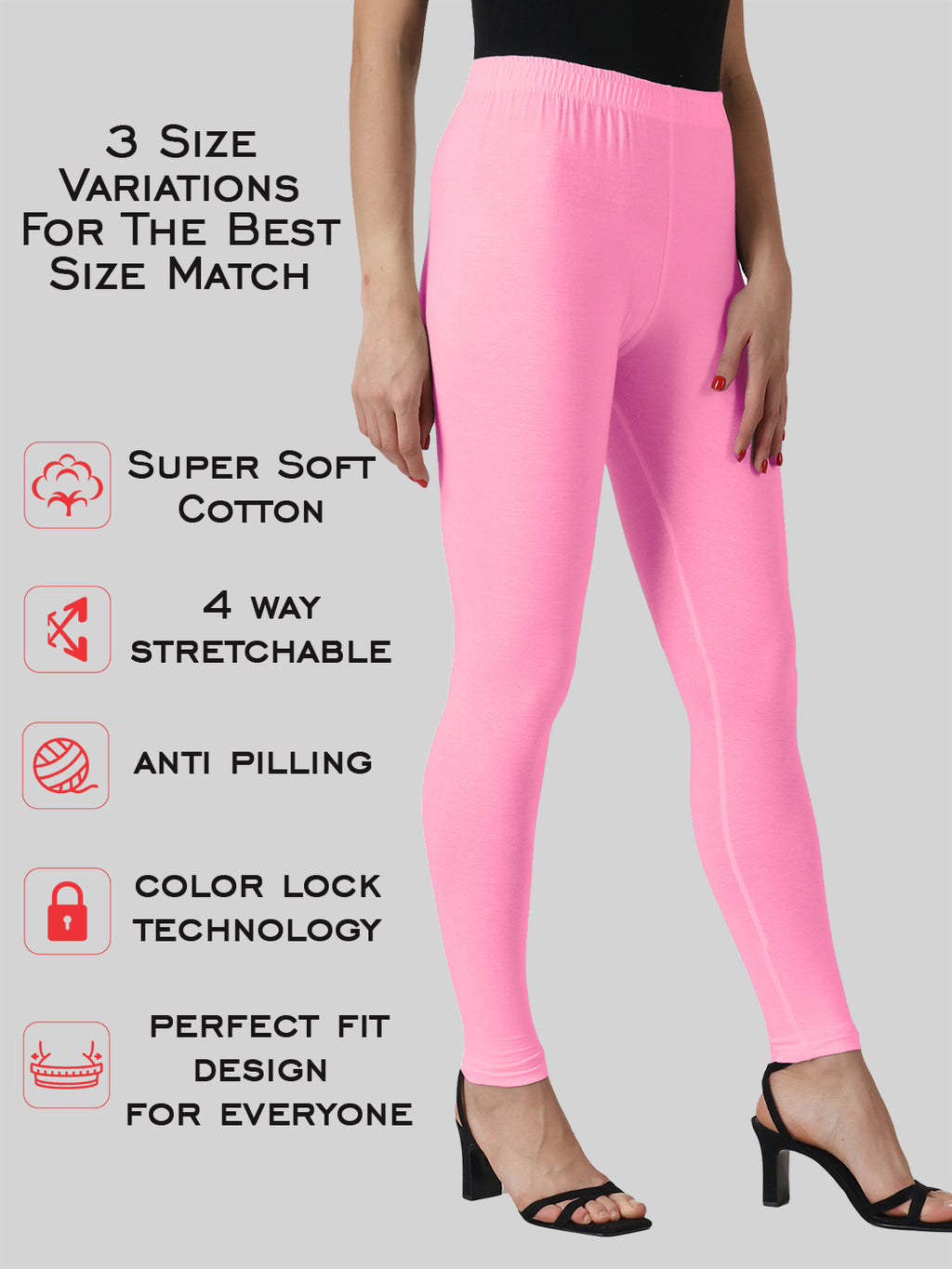Saundarya Women’s Slim Fit Ankle Length Super Combed Cotton Rich Lycra Fabric Tailored Cut Stretchable Solid Plain Color Leggings; Baby Pink