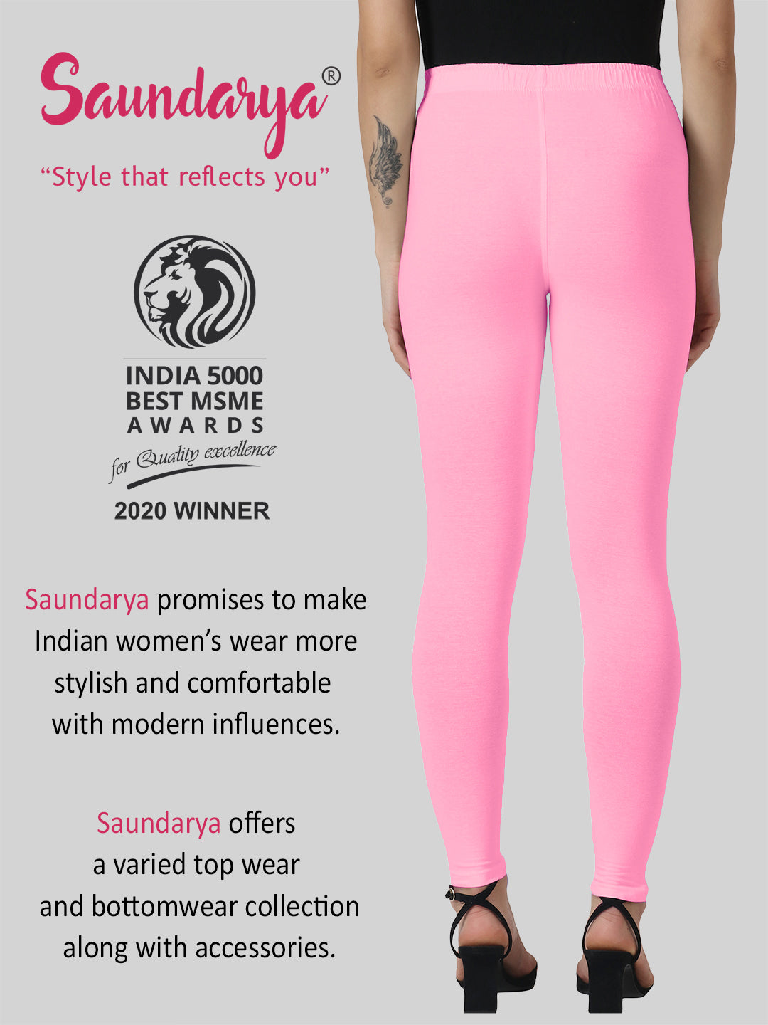 Saundarya Women’s Slim Fit Ankle Length Super Combed Cotton Rich Lycra Fabric Tailored Cut Stretchable Solid Plain Color Leggings; Baby Pink