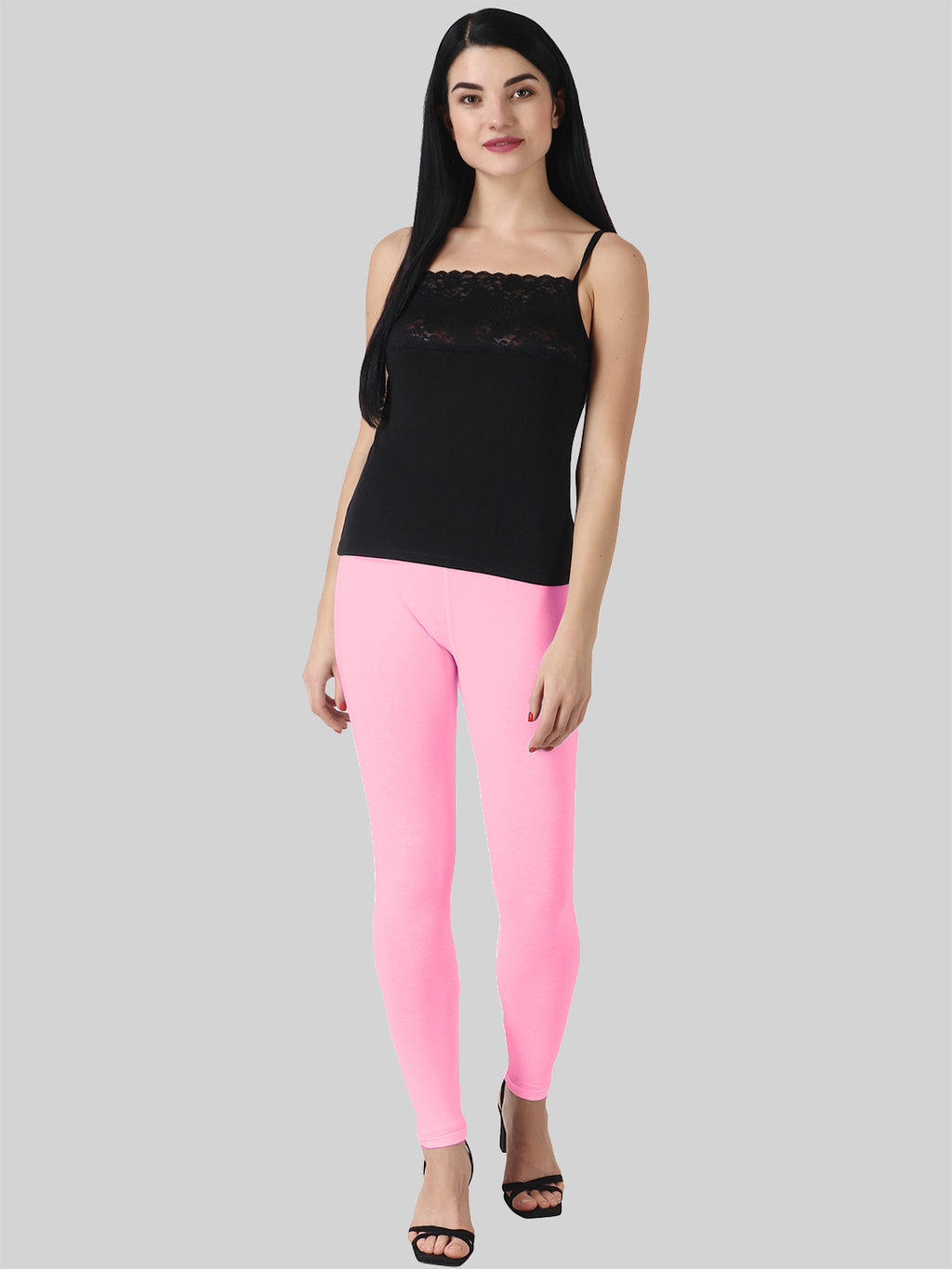 Saundarya Women’s Slim Fit Ankle Length Super Combed Cotton Rich Lycra Fabric Tailored Cut Stretchable Solid Plain Color Leggings; Baby Pink