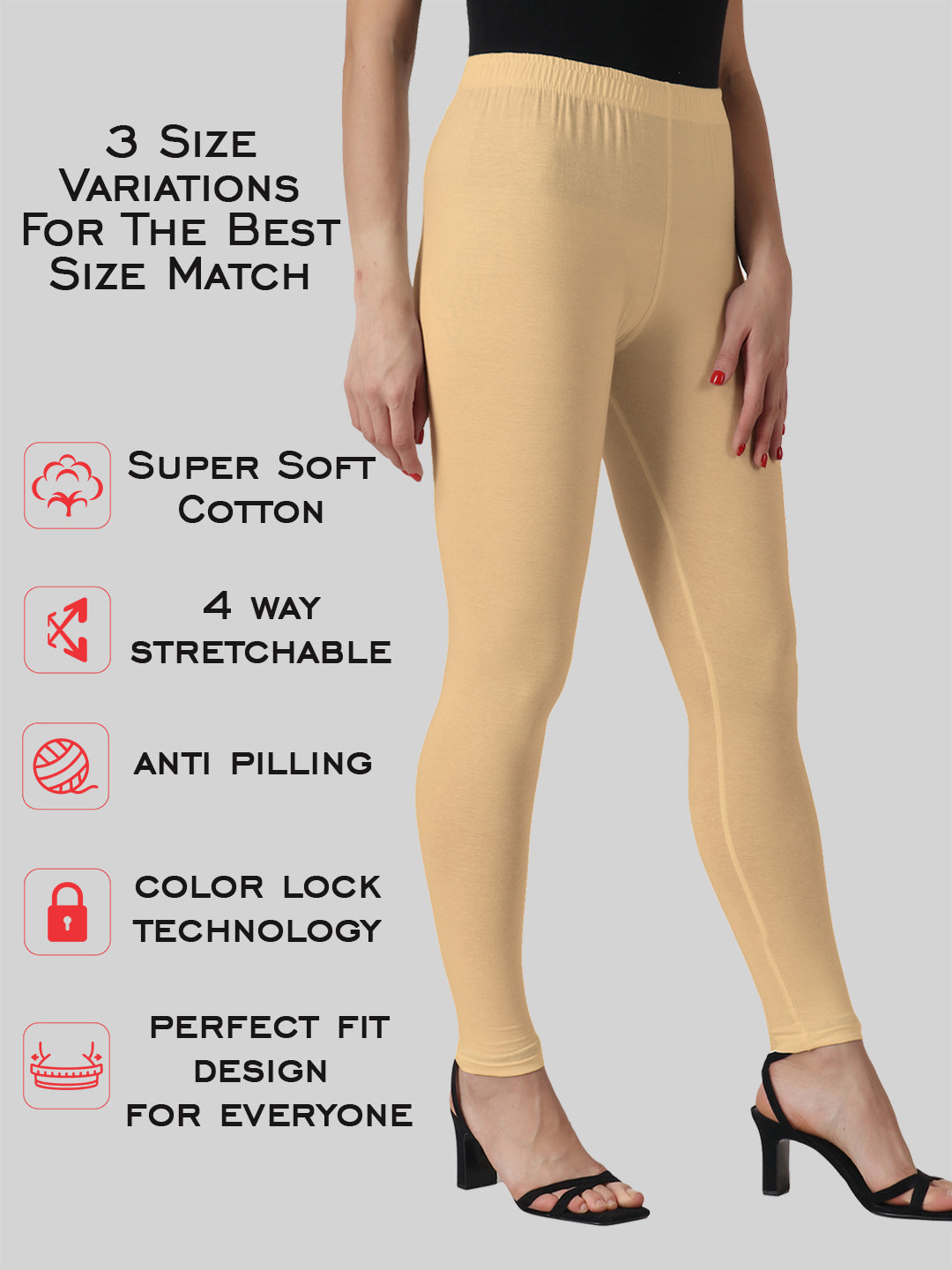 Saundarya Women’s Slim Fit Ankle Length Super Combed Cotton Rich Lycra Fabric Tailored Cut Stretchable Solid Plain Color Leggings; Beige