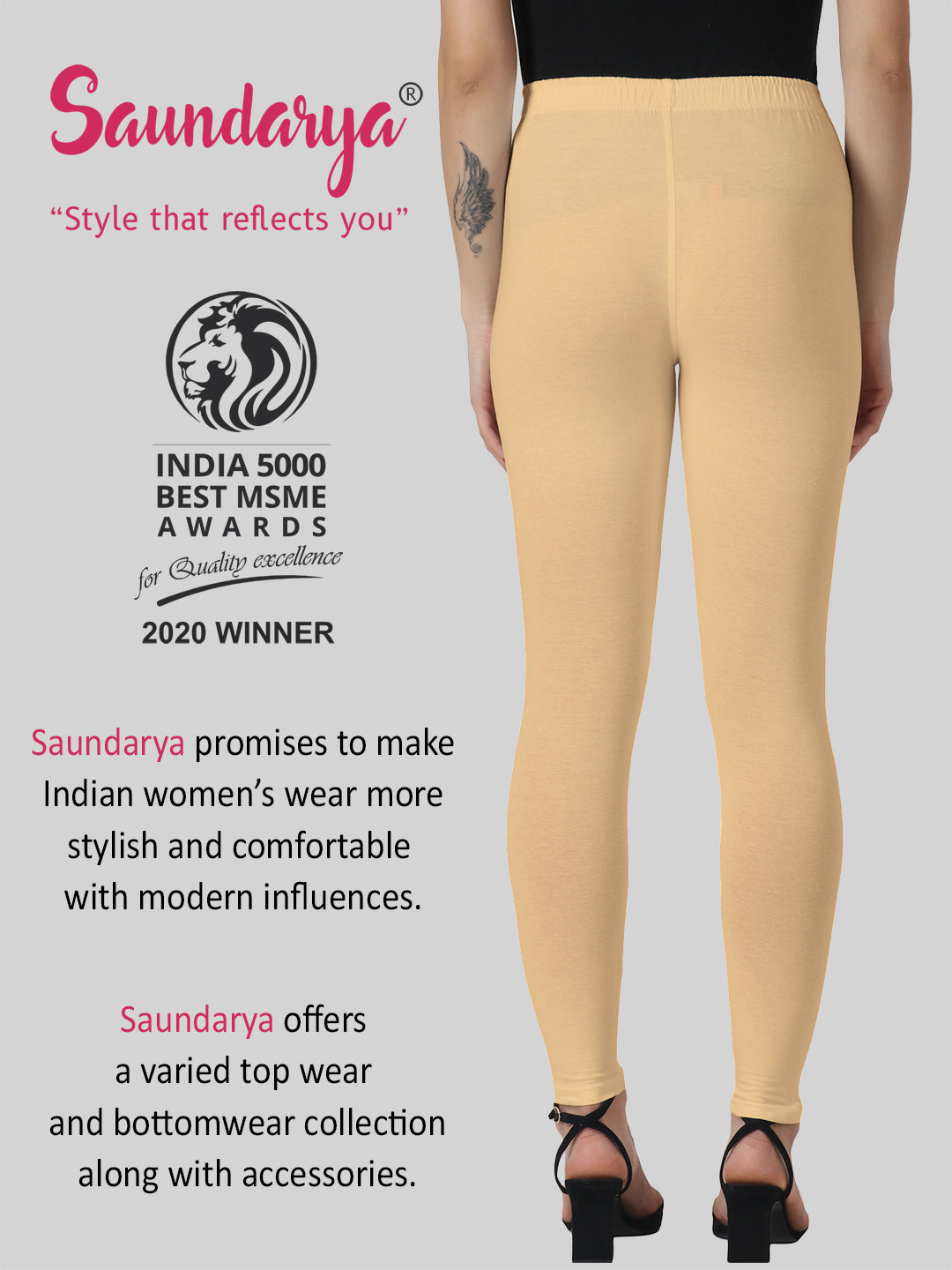Saundarya Women’s Slim Fit Ankle Length Super Combed Cotton Rich Lycra Fabric Tailored Cut Stretchable Solid Plain Color Leggings; Beige