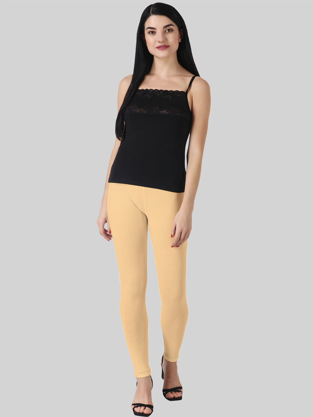 Saundarya Women’s Slim Fit Ankle Length Super Combed Cotton Rich Lycra Fabric Tailored Cut Stretchable Solid Plain Color Leggings; Beige