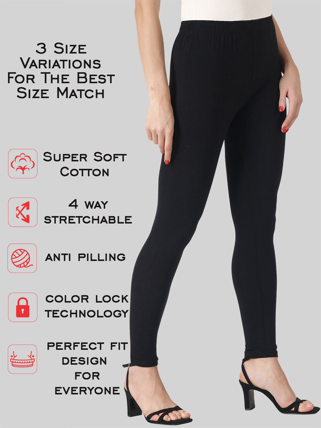 Saundarya Women’s Slim Fit Ankle Length Super Combed Cotton Rich Lycra Fabric Tailored Cut Stretchable Solid Plain Color Leggings; Black