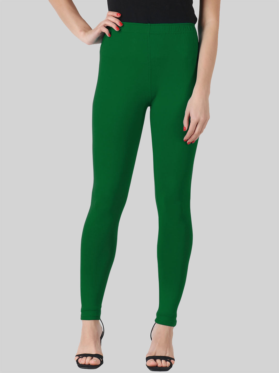 Saundarya Women’s Slim Fit Ankle Length Super Combed Cotton Rich Lycra Fabric Tailored Cut Stretchable Solid Plain Color Leggings; Bottle Green