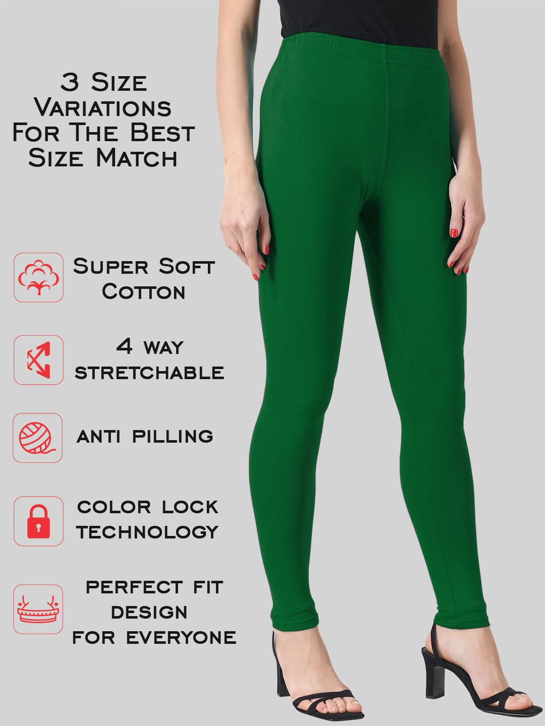 Saundarya Women’s Slim Fit Ankle Length Super Combed Cotton Rich Lycra Fabric Tailored Cut Stretchable Solid Plain Color Leggings; Bottle Green