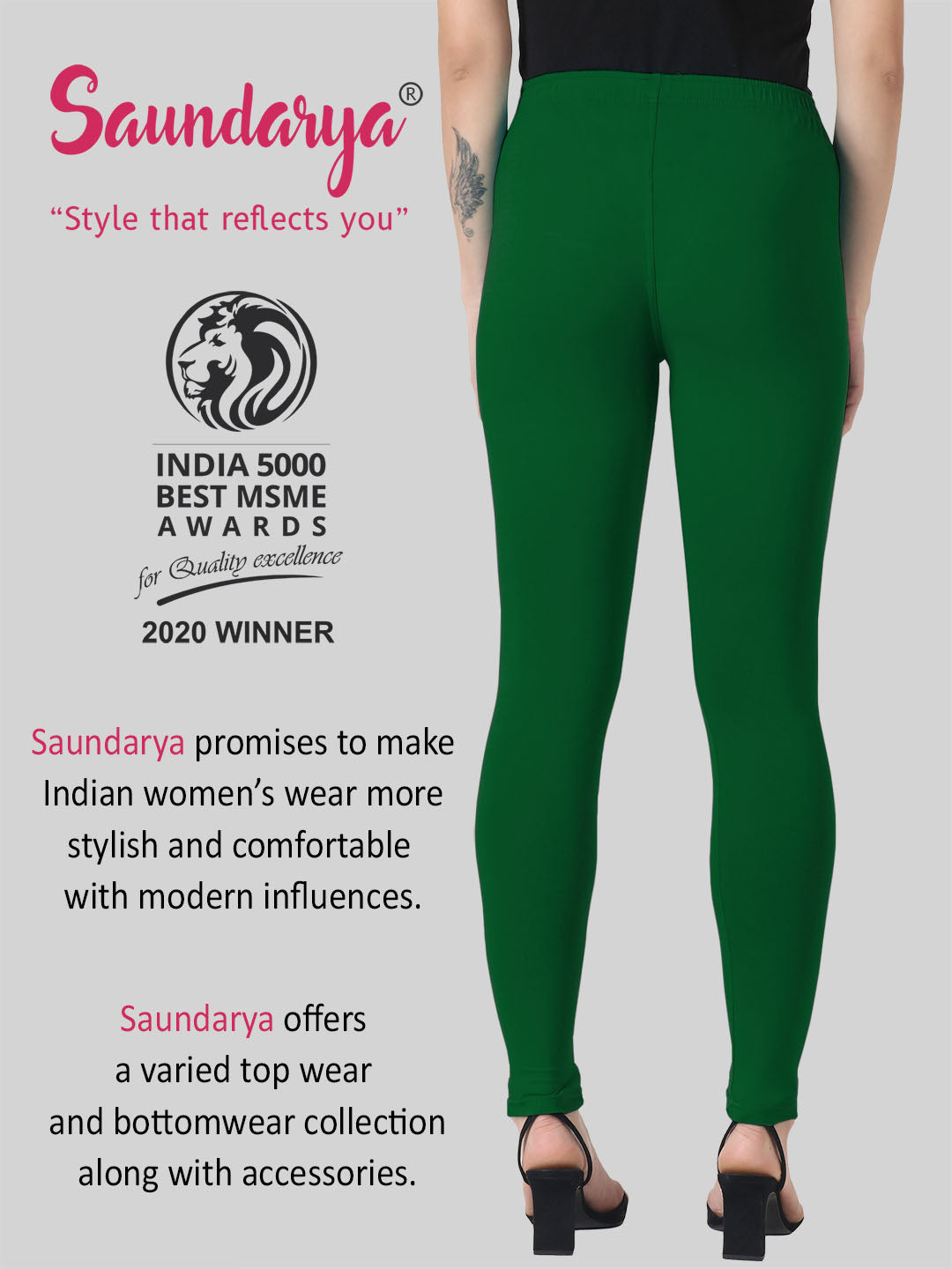 Saundarya Women’s Slim Fit Ankle Length Super Combed Cotton Rich Lycra Fabric Tailored Cut Stretchable Solid Plain Color Leggings; Bottle Green