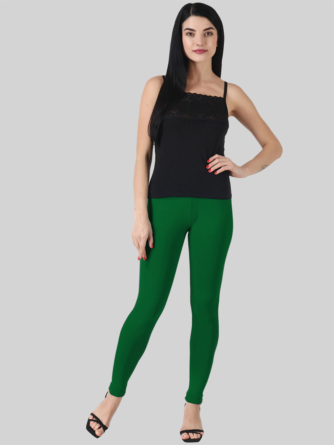 Saundarya Women’s Slim Fit Ankle Length Super Combed Cotton Rich Lycra Fabric Tailored Cut Stretchable Solid Plain Color Leggings; Bottle Green