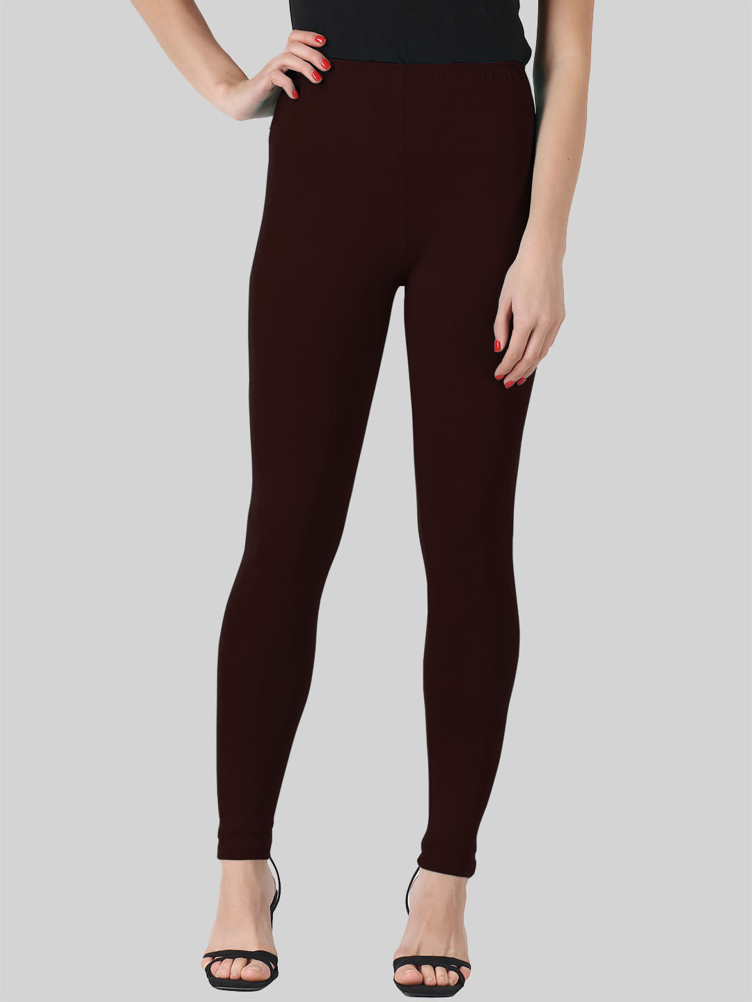 Saundarya Women’s Slim Fit Ankle Length Super Combed Cotton Rich Lycra Fabric Tailored Cut Stretchable Solid Plain Color Leggings; Chocolate Brown