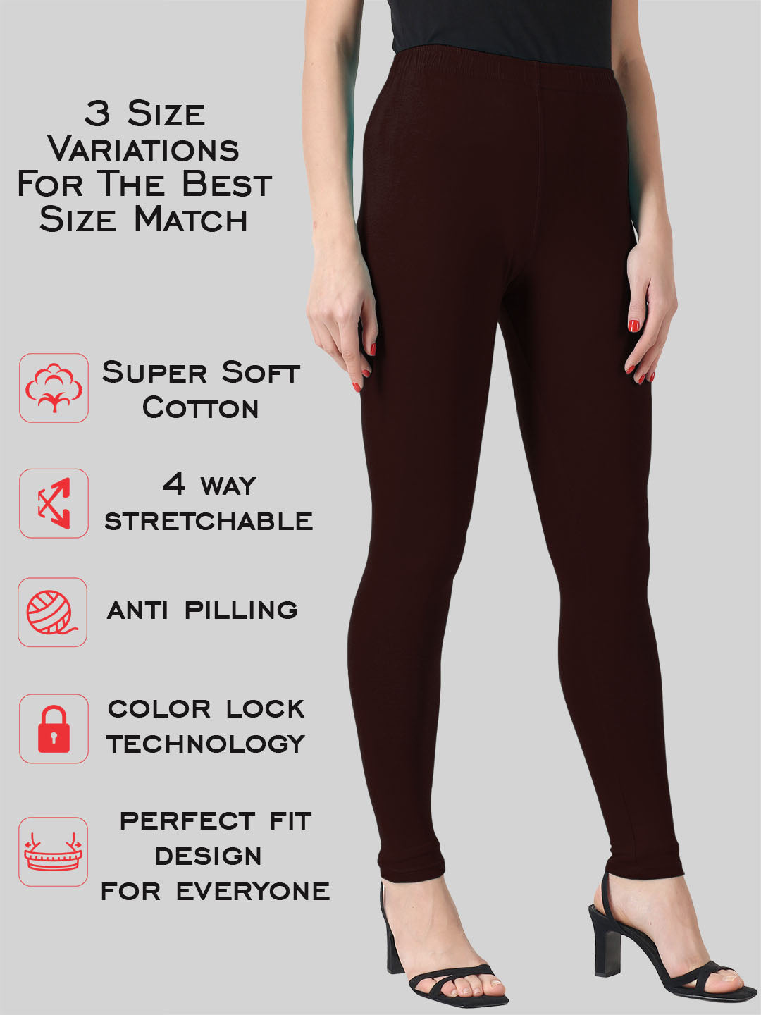 Saundarya Women’s Slim Fit Ankle Length Super Combed Cotton Rich Lycra Fabric Tailored Cut Stretchable Solid Plain Color Leggings; Chocolate Brown