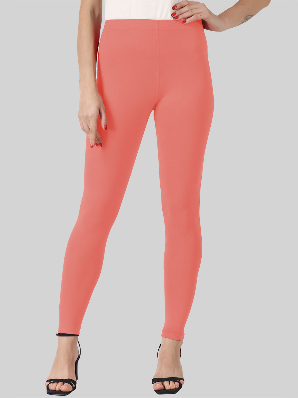 Saundarya Women’s Slim Fit Ankle Length Super Combed Cotton Rich Lycra Fabric Tailored Cut Stretchable Solid Plain Color Leggings; Coral Red