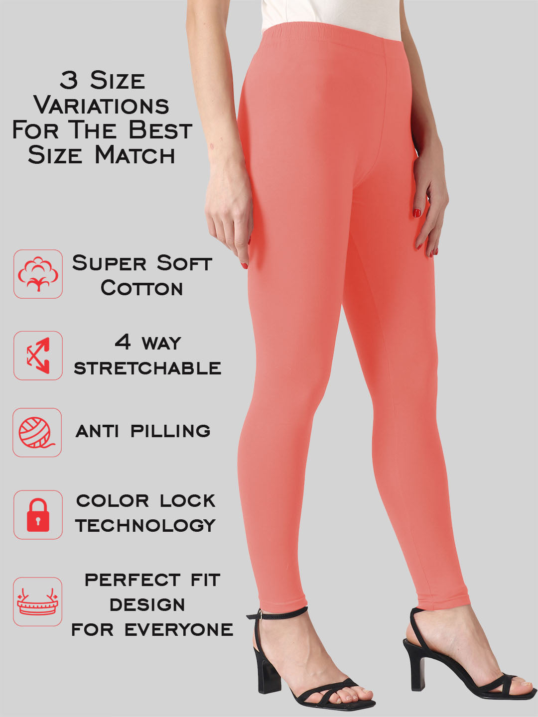 Saundarya Women’s Slim Fit Ankle Length Super Combed Cotton Rich Lycra Fabric Tailored Cut Stretchable Solid Plain Color Leggings; Coral Red