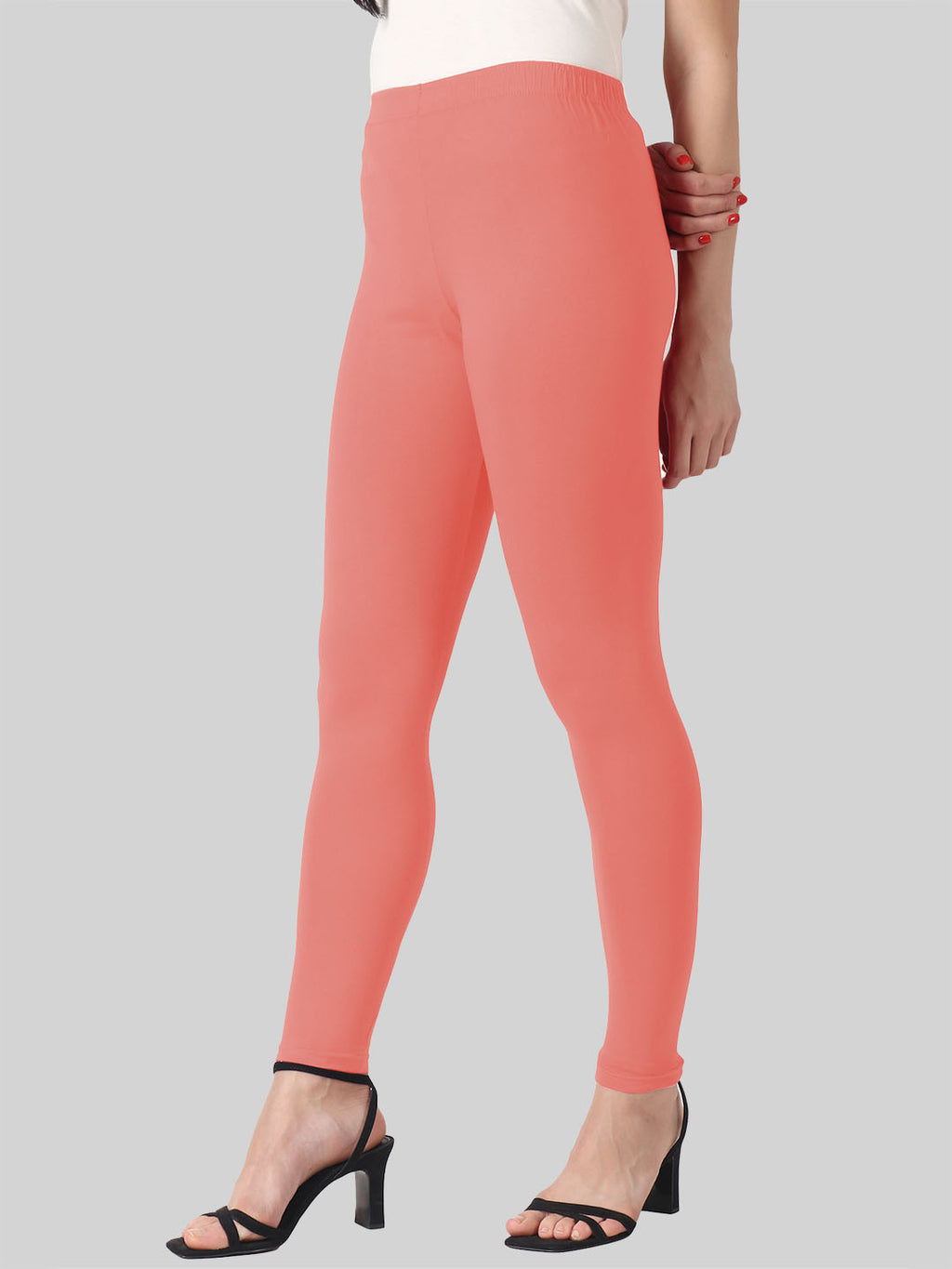 Saundarya Women’s Slim Fit Ankle Length Super Combed Cotton Rich Lycra Fabric Tailored Cut Stretchable Solid Plain Color Leggings; Coral Red