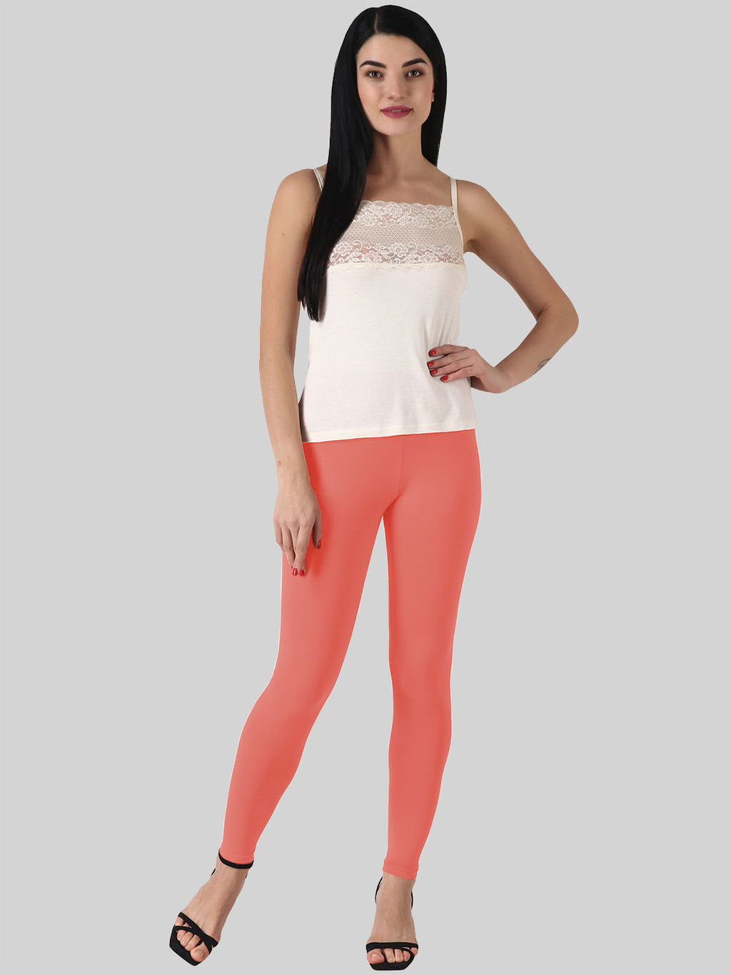 Saundarya Women’s Slim Fit Ankle Length Super Combed Cotton Rich Lycra Fabric Tailored Cut Stretchable Solid Plain Color Leggings; Coral Red