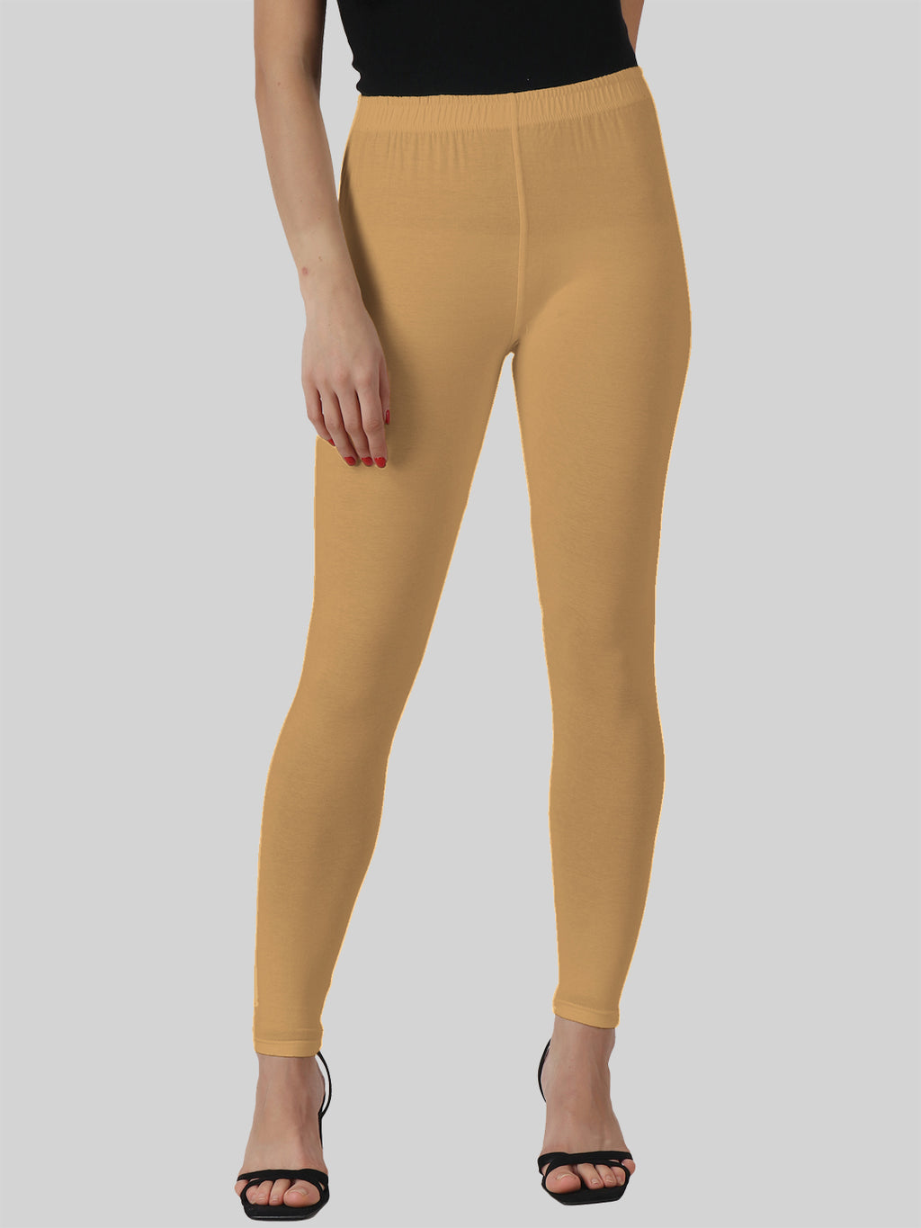 Saundarya Women’s Slim Fit Ankle Length Super Combed Cotton Rich Lycra Fabric Tailored Cut Stretchable Solid Plain Color Leggings; Dark Beige