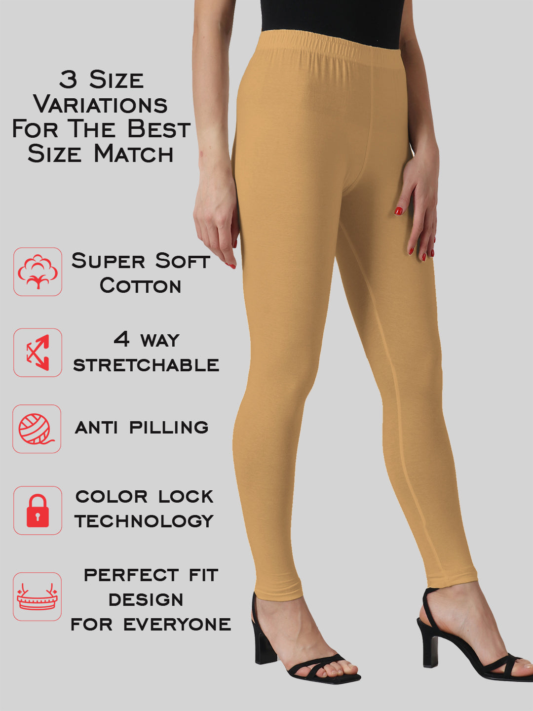 Saundarya Women’s Slim Fit Ankle Length Super Combed Cotton Rich Lycra Fabric Tailored Cut Stretchable Solid Plain Color Leggings; Dark Beige