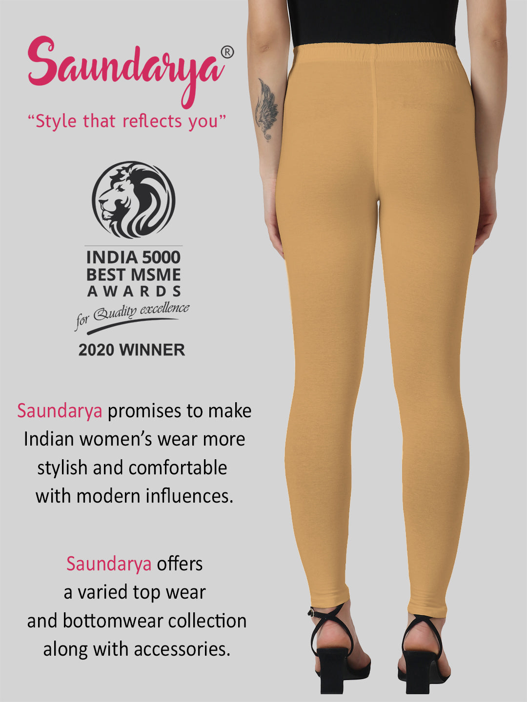 Saundarya Women’s Slim Fit Ankle Length Super Combed Cotton Rich Lycra Fabric Tailored Cut Stretchable Solid Plain Color Leggings; Dark Beige