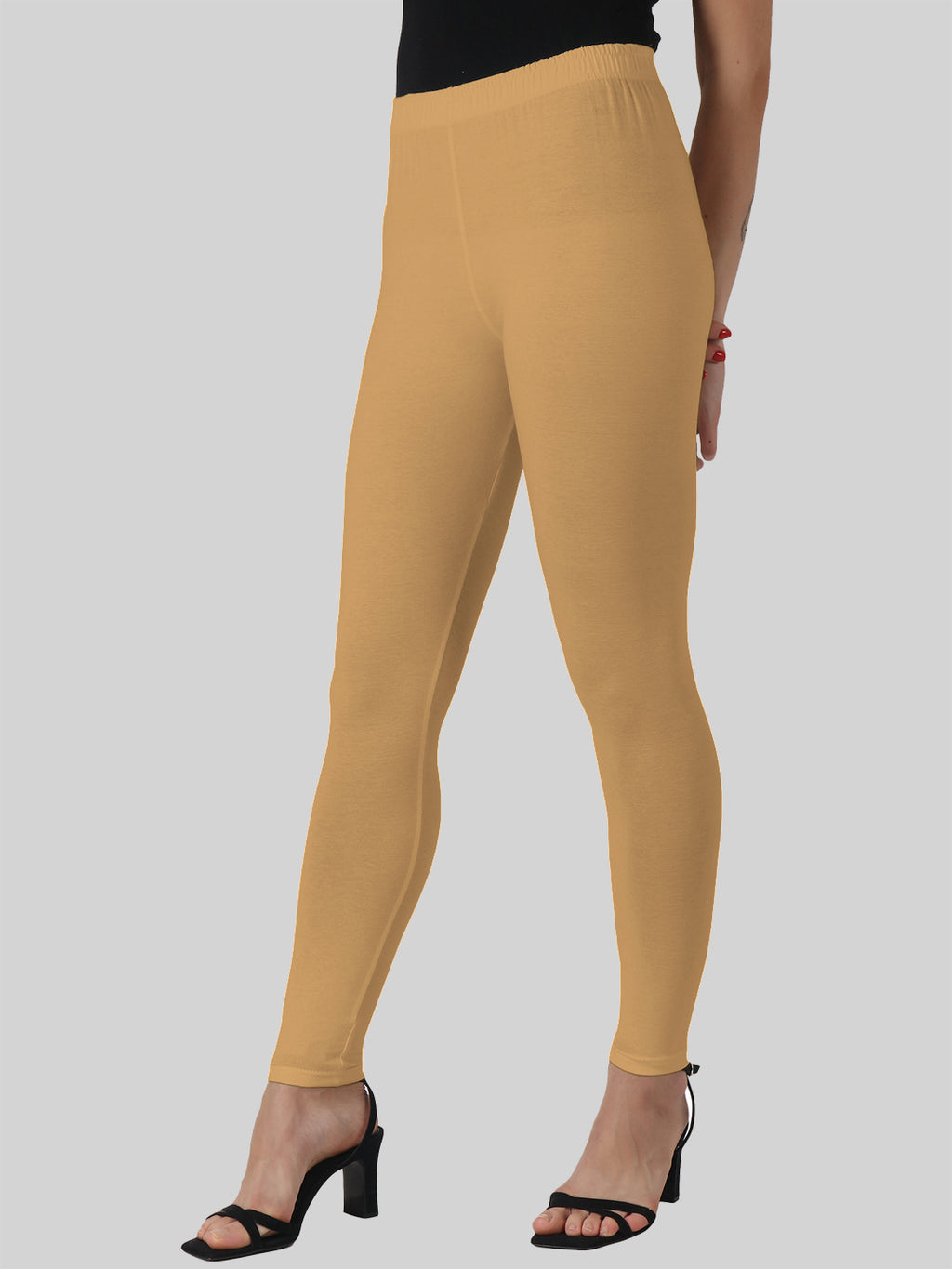 Saundarya Women’s Slim Fit Ankle Length Super Combed Cotton Rich Lycra Fabric Tailored Cut Stretchable Solid Plain Color Leggings; Dark Beige