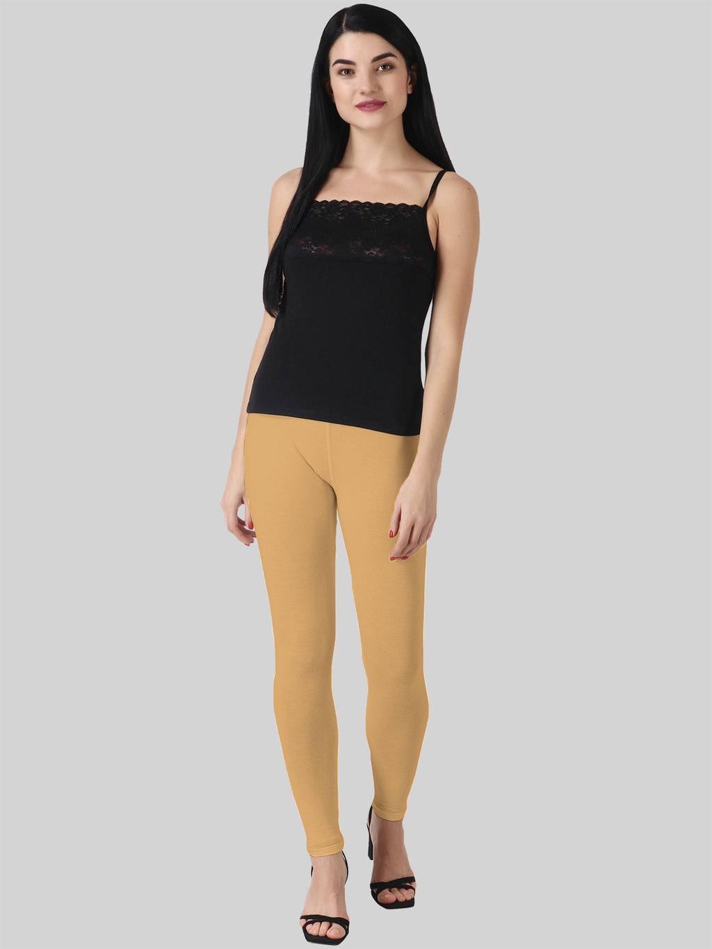 Saundarya Women’s Slim Fit Ankle Length Super Combed Cotton Rich Lycra Fabric Tailored Cut Stretchable Solid Plain Color Leggings; Dark Beige