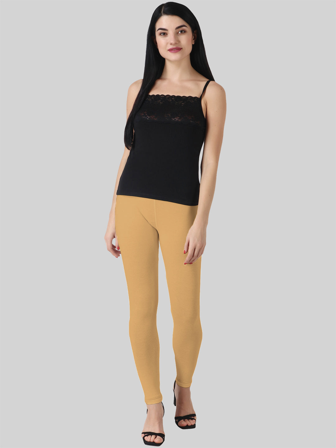 Saundarya Women’s Slim Fit Ankle Length Super Combed Cotton Rich Lycra Fabric Tailored Cut Stretchable Solid Plain Color Leggings; Dark Beige