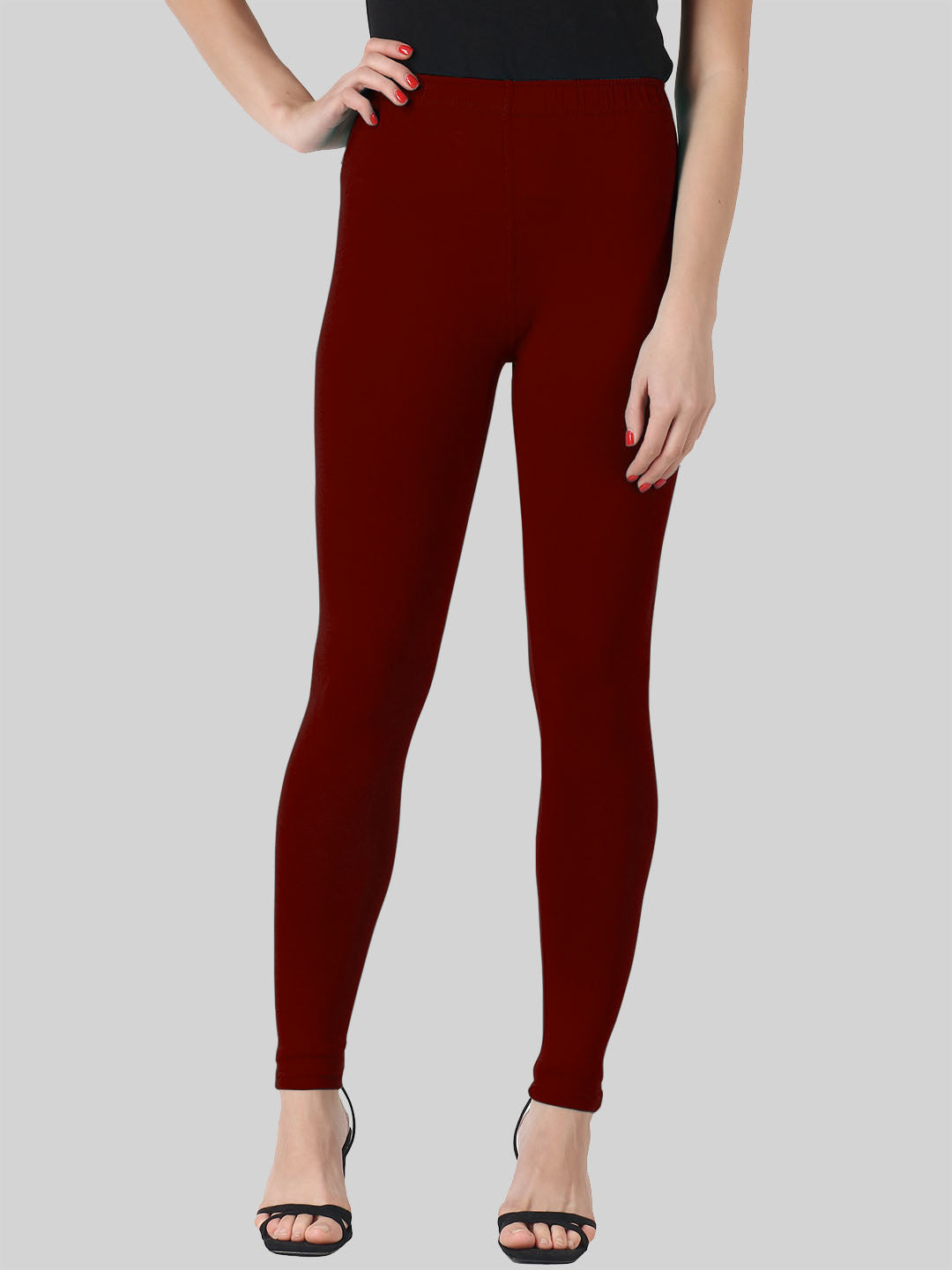 Saundarya Women’s Slim Fit Ankle Length Super Combed Cotton Rich Lycra Fabric Tailored Cut Stretchable Solid Plain Color Leggings; Dark Maroon