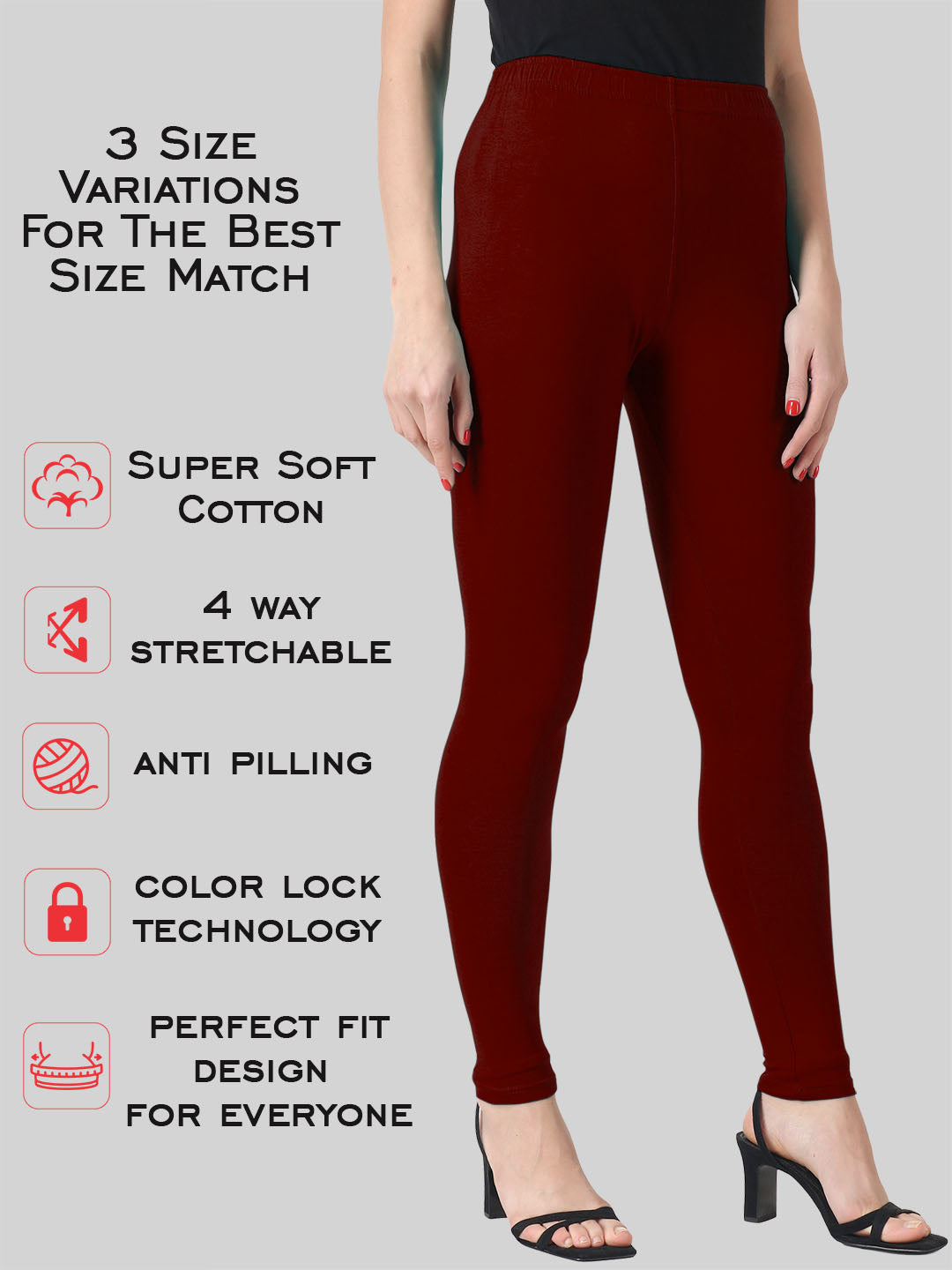 Saundarya Women’s Slim Fit Ankle Length Super Combed Cotton Rich Lycra Fabric Tailored Cut Stretchable Solid Plain Color Leggings; Dark Maroon
