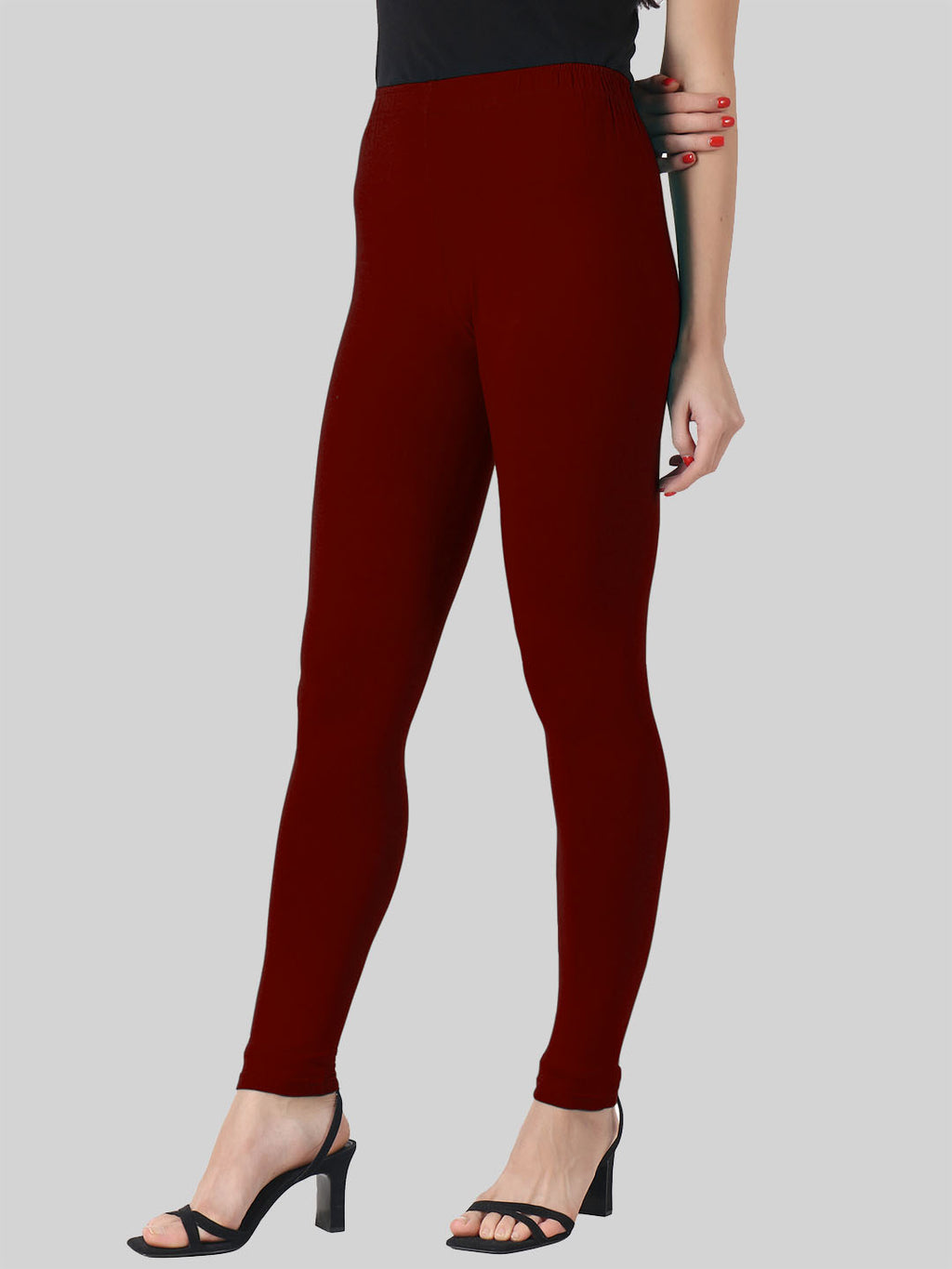 Saundarya Women’s Slim Fit Ankle Length Super Combed Cotton Rich Lycra Fabric Tailored Cut Stretchable Solid Plain Color Leggings; Dark Maroon