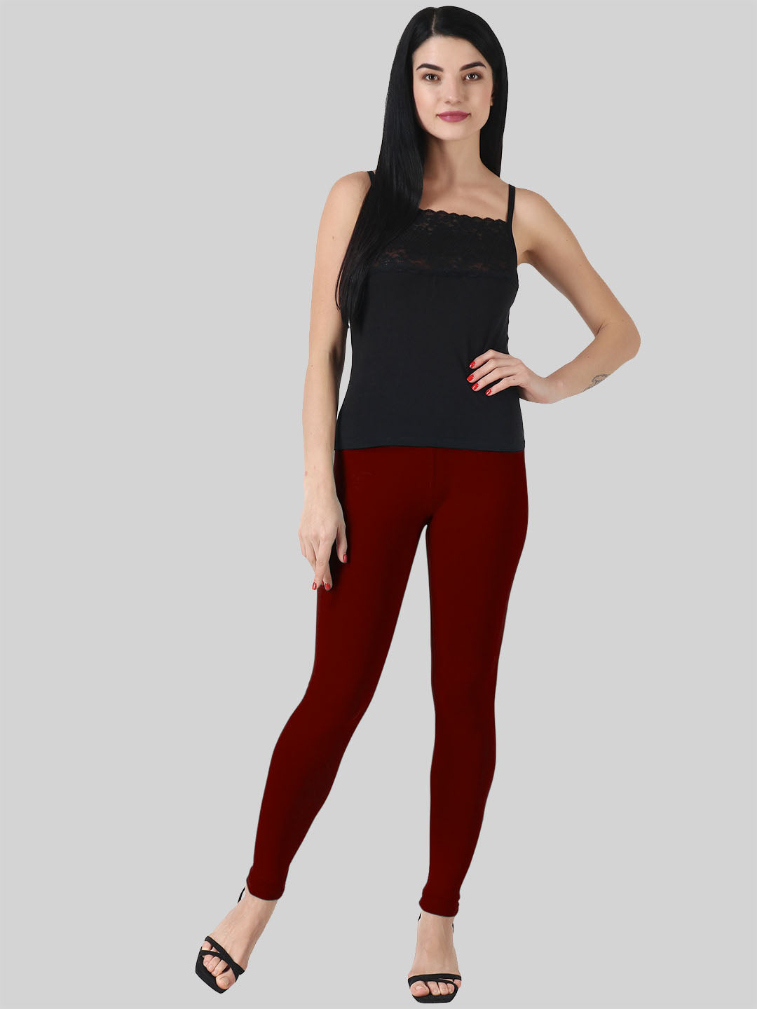 Saundarya Women’s Slim Fit Ankle Length Super Combed Cotton Rich Lycra Fabric Tailored Cut Stretchable Solid Plain Color Leggings; Dark Maroon
