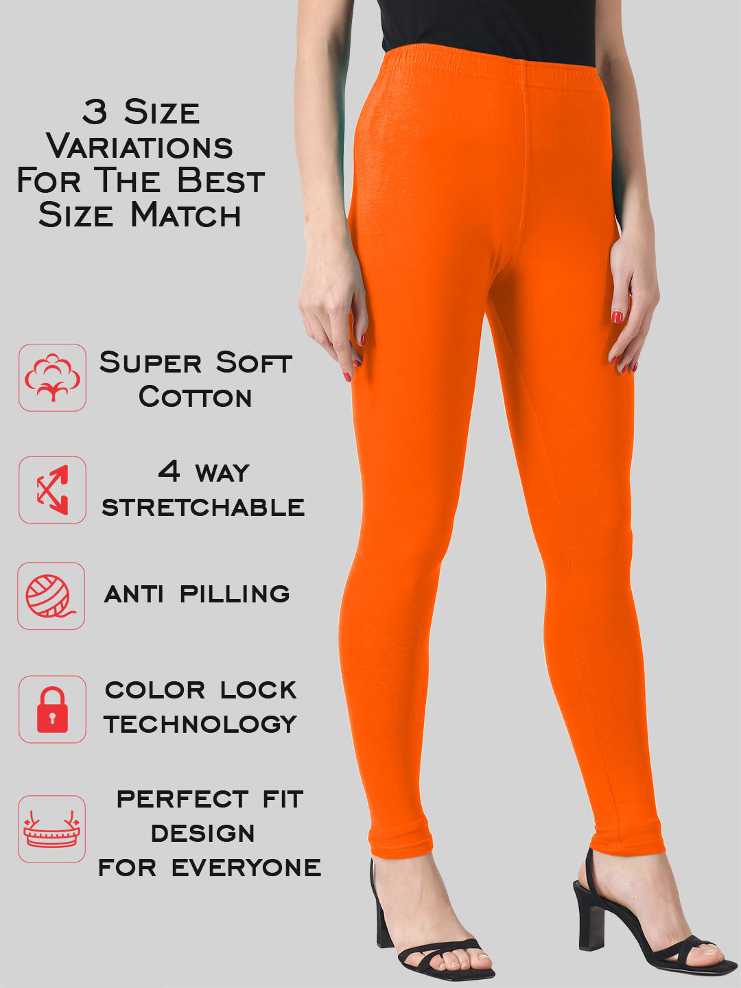 Saundarya Women’s Slim Fit Ankle Length Super Combed Cotton Rich Lycra Fabric Tailored Cut Stretchable Solid Plain Color Leggings; Dark Orange