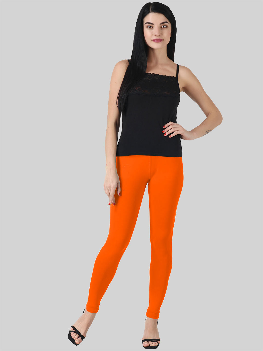 Saundarya Women’s Slim Fit Ankle Length Super Combed Cotton Rich Lycra Fabric Tailored Cut Stretchable Solid Plain Color Leggings; Dark Orange