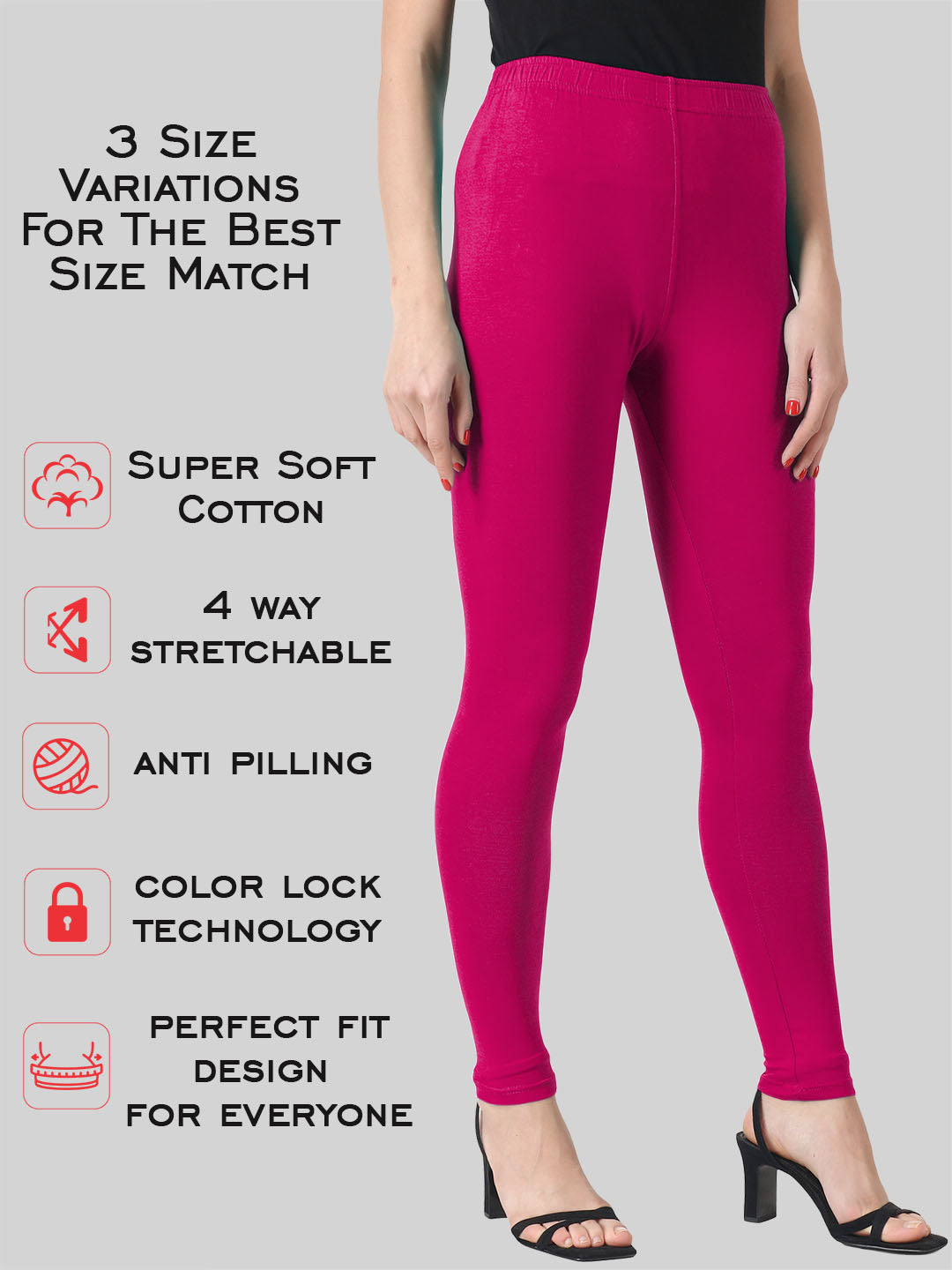 Saundarya Women’s Slim Fit Ankle Length Super Combed Cotton Rich Lycra Fabric Tailored Cut Stretchable Solid Plain Color Leggings; Dark Pink
