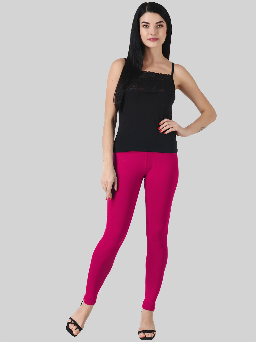 Saundarya Women’s Slim Fit Ankle Length Super Combed Cotton Rich Lycra Fabric Tailored Cut Stretchable Solid Plain Color Leggings; Dark Pink