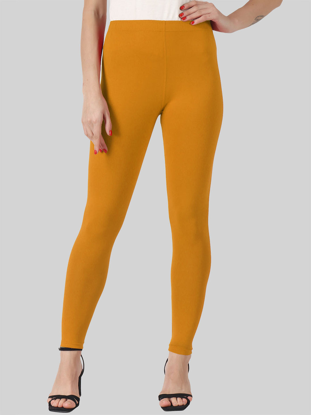 Saundarya Women’s Slim Fit Ankle Length Super Combed Cotton Rich Lycra Fabric Tailored Cut Stretchable Solid Plain Color Leggings; Mustard
