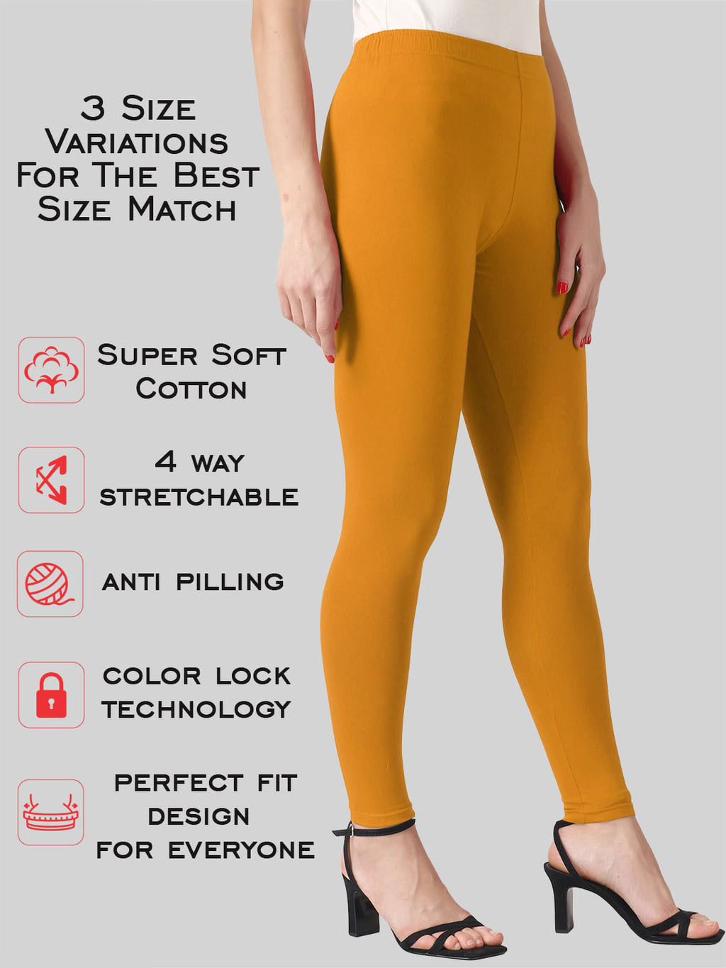 Saundarya Women’s Slim Fit Ankle Length Super Combed Cotton Rich Lycra Fabric Tailored Cut Stretchable Solid Plain Color Leggings; Mustard