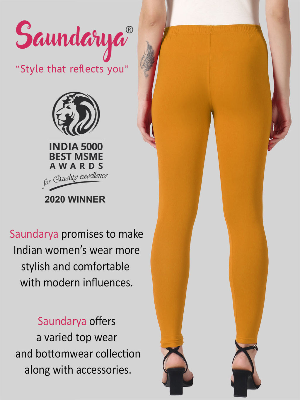 Saundarya Women’s Slim Fit Ankle Length Super Combed Cotton Rich Lycra Fabric Tailored Cut Stretchable Solid Plain Color Leggings; Mustard